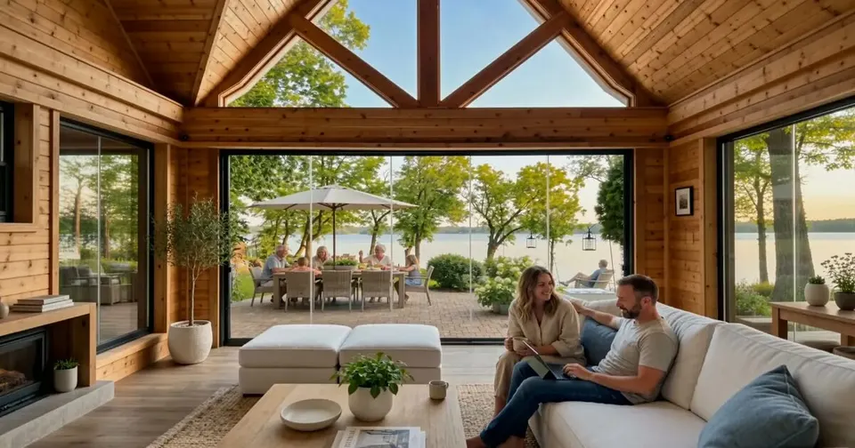 NordicSol website imagery of a frameless glass enclosed porch at dusk